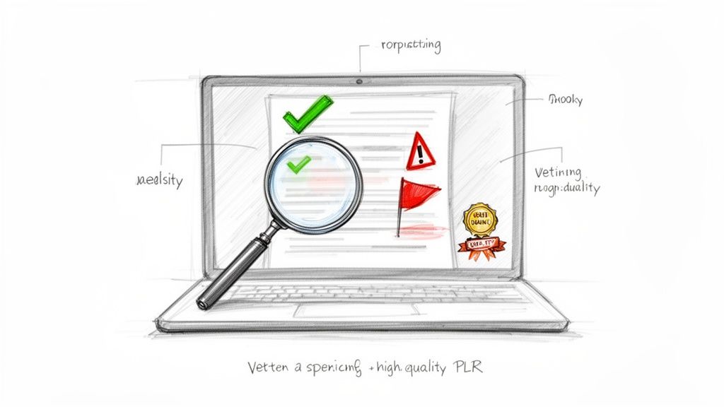 A sketch of a laptop reviewing PLR content for quality with a magnifying glass and indicators.