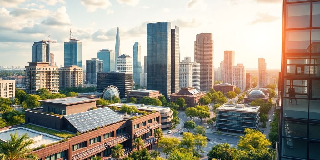 Modern commercial buildings in a futuristic city skyline.