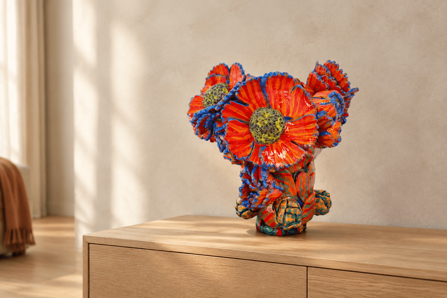 Vase sculptural en céramique émaillée, orné de grandes fleurs rouge orangé aux contours bleus et aux cœurs vert-jaune, posé sur un meuble en bois clair dans un intérieur lumineux