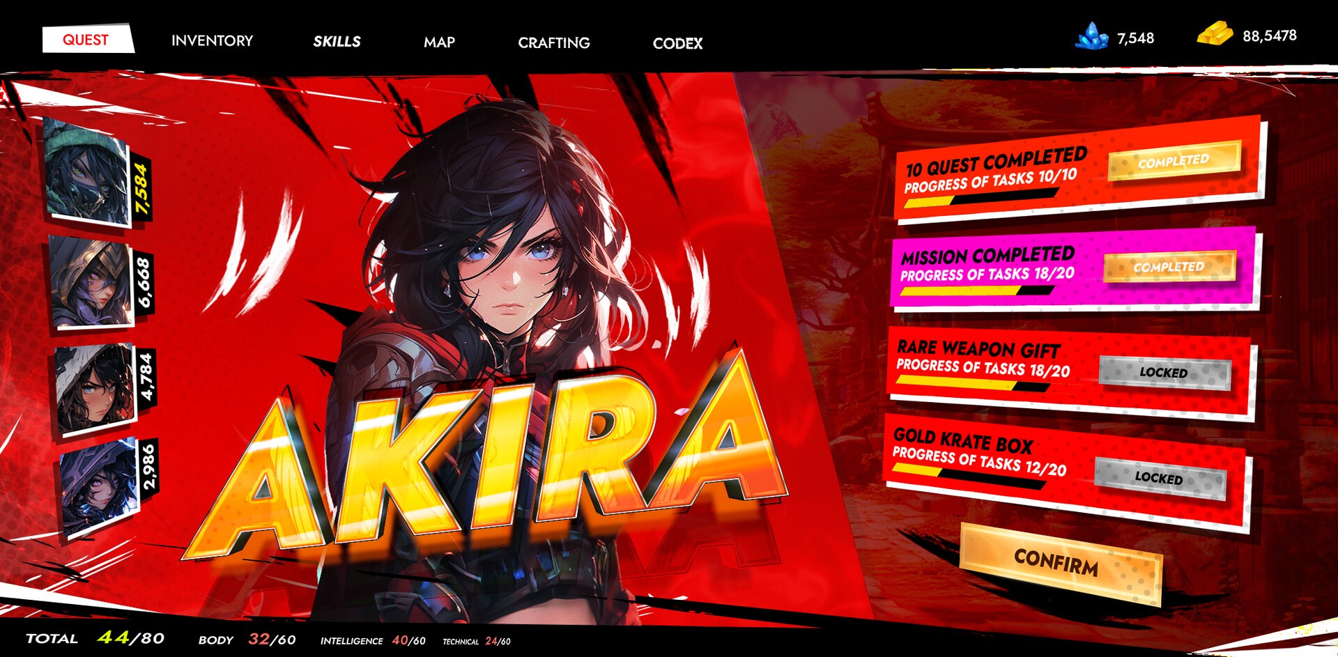 A dynamic video game interface displaying a female anime character in front of a red background, featuring quest progress indicators on the right and player statistics in the corners.