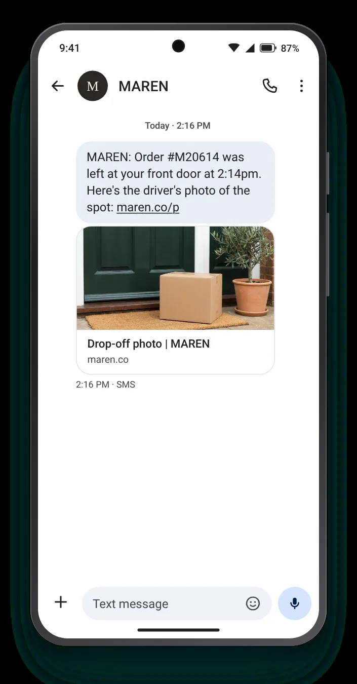 Where it was left, with the driver's photo delivery confirmation text on an Android phone