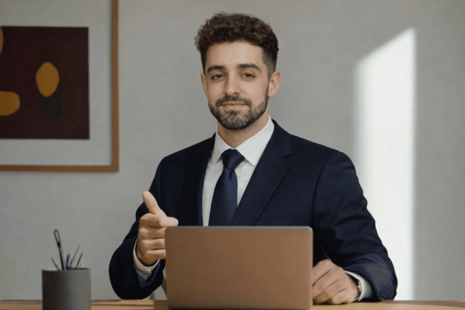 Smiling man with glasses giving a thumbs up while seated at a laptop in natural light
