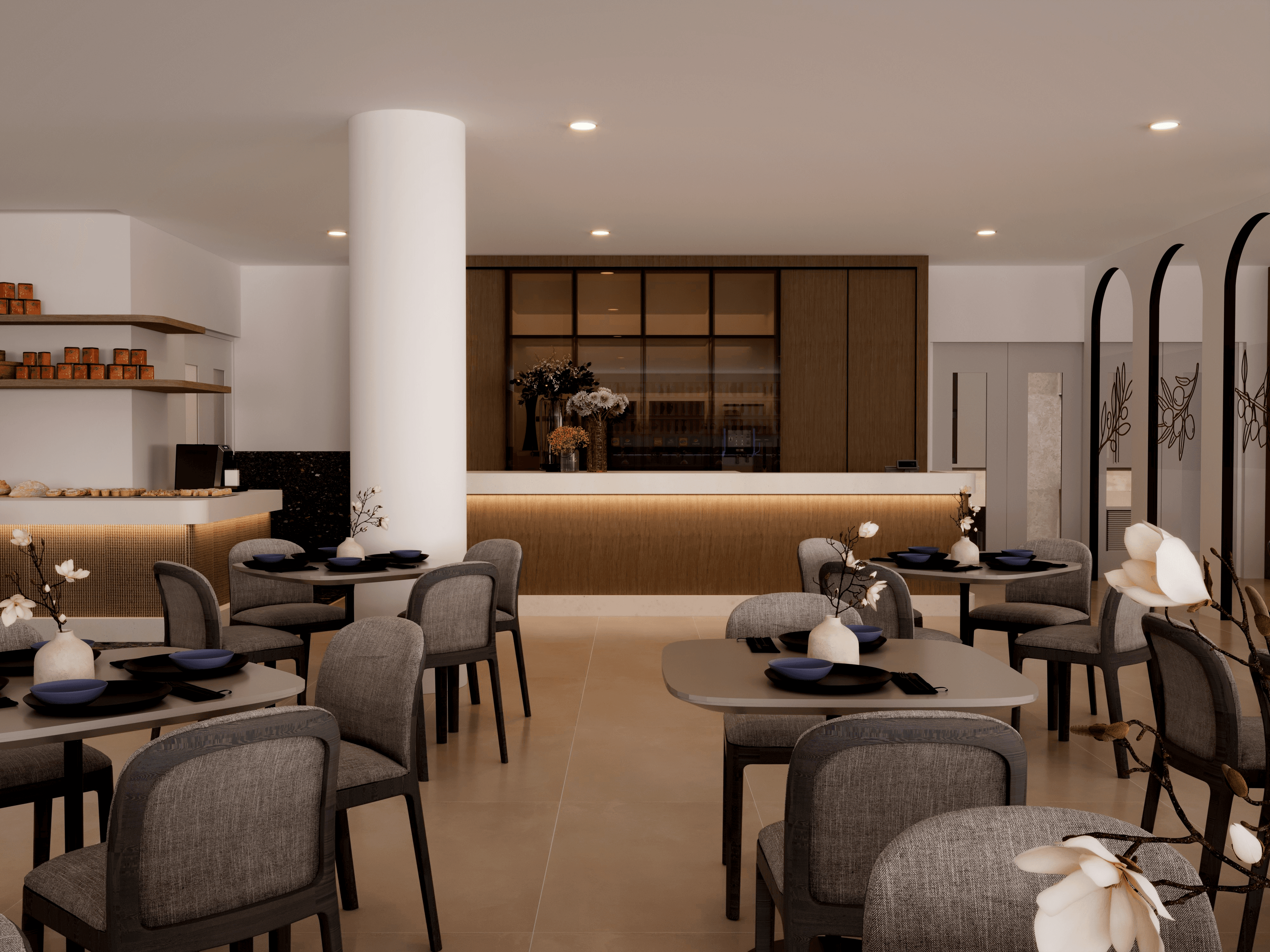 Warm hotel dining interior with timber millwork, terrazzo counter, and soft recessed lighting — Nestor Hotel restaurant renovation by topos Design Studio, Ayia Napa Cyprus