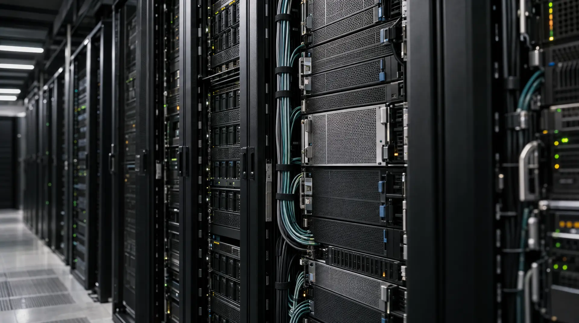 Narrow corridor of server racks with illuminated status lights and bundled network cables, representing technology company branding readiness.