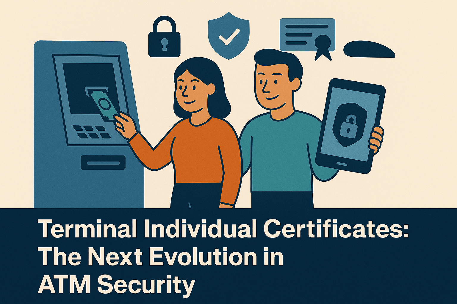 Flat-style digital illustration of a woman using an ATM while a man stands beside her holding a tablet displaying a lock symbol. Above them are icons representing a security certificate, a padlock, and a shield with a checkmark. The design uses warm orange and cool blue tones on a beige background, with a navy-blue bar at the bottom displaying the blog title in bold white text: ‘Terminal Individual Certificates: The Next Evolution in ATM Security’.