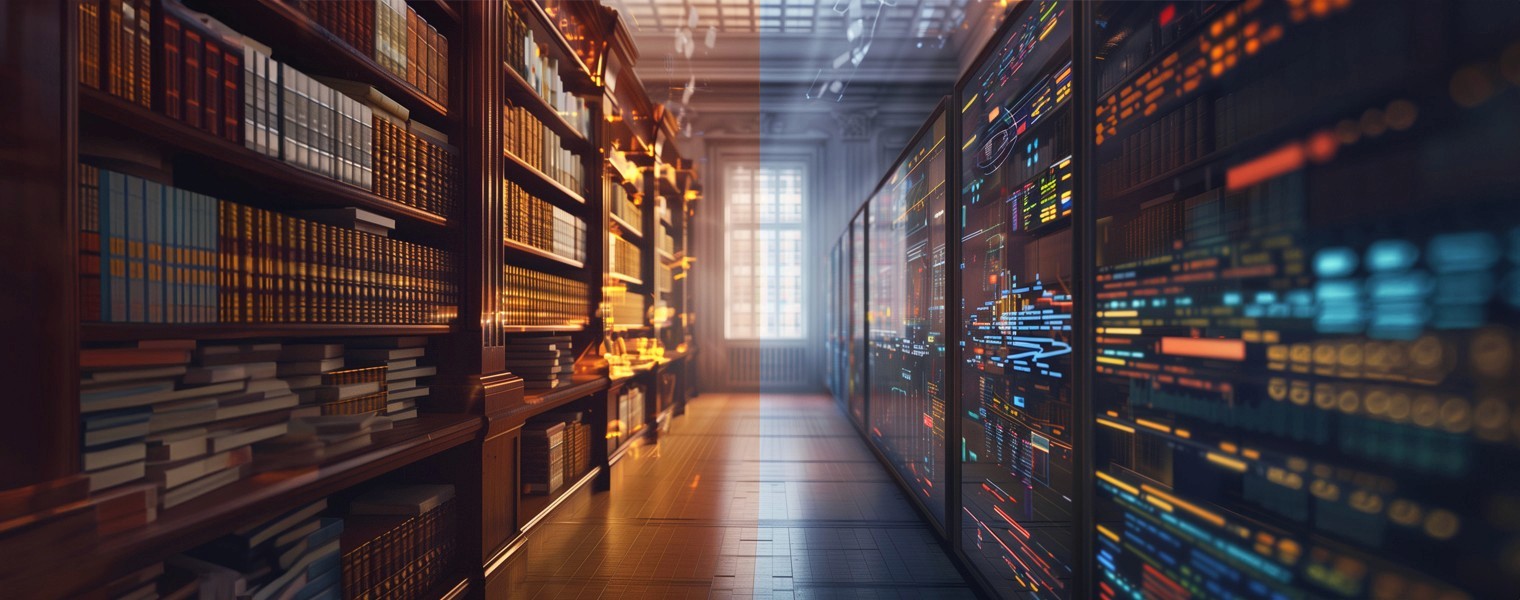 Room with a bookshelf on one side and some high tech server on the other.