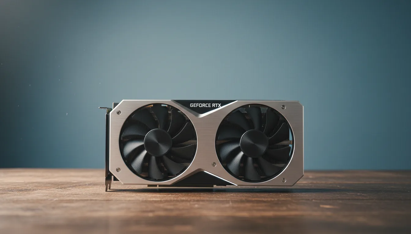 DSLR photograph of a modern NVIDIA GeForce RTX Founders Edition graphics card resting on a dark, rustic wood grain tabletop. The card, seen in profile, features a two-tone design with a matte silver metal shroud and black heatsink fins. Soft studio lighting illuminates the scene, creating gentle highlights on the metallic surfaces. The background is a plain, muted blue wall, softly blurred with a shallow depth of field.