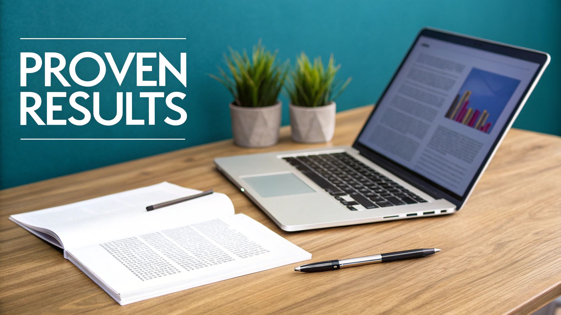 A laptop, open book, and pen on a wooden desk with 'PROVEN RESULTS' text.