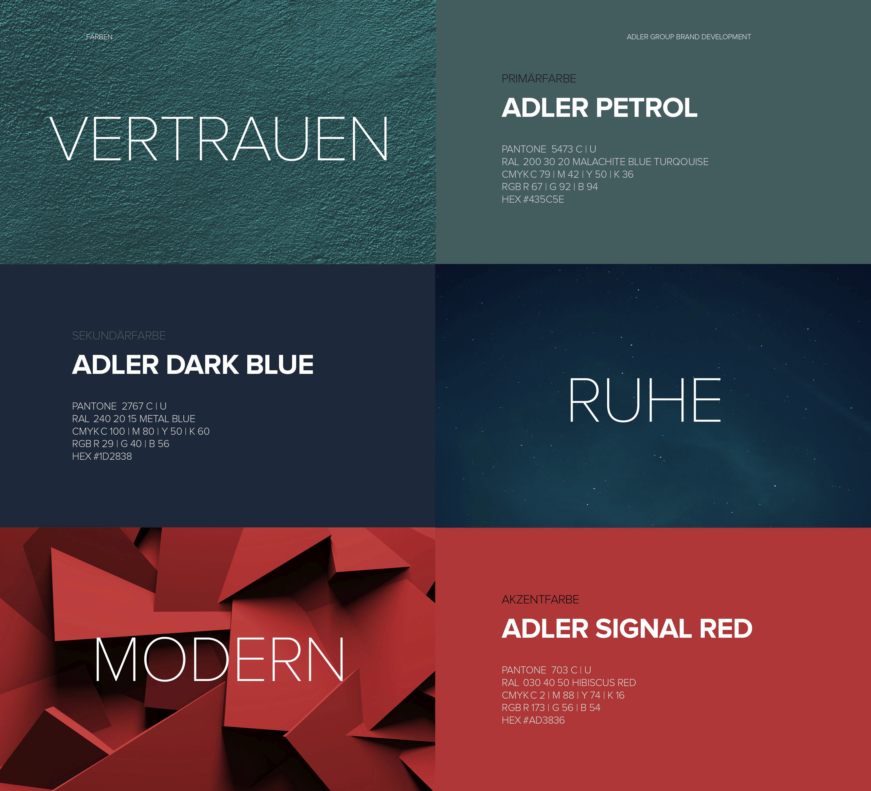 Gestaltungsraster und Farbharmonie im Corporate Design der Adler Group – präzise, sachlich und hochwertig umgesetzt.