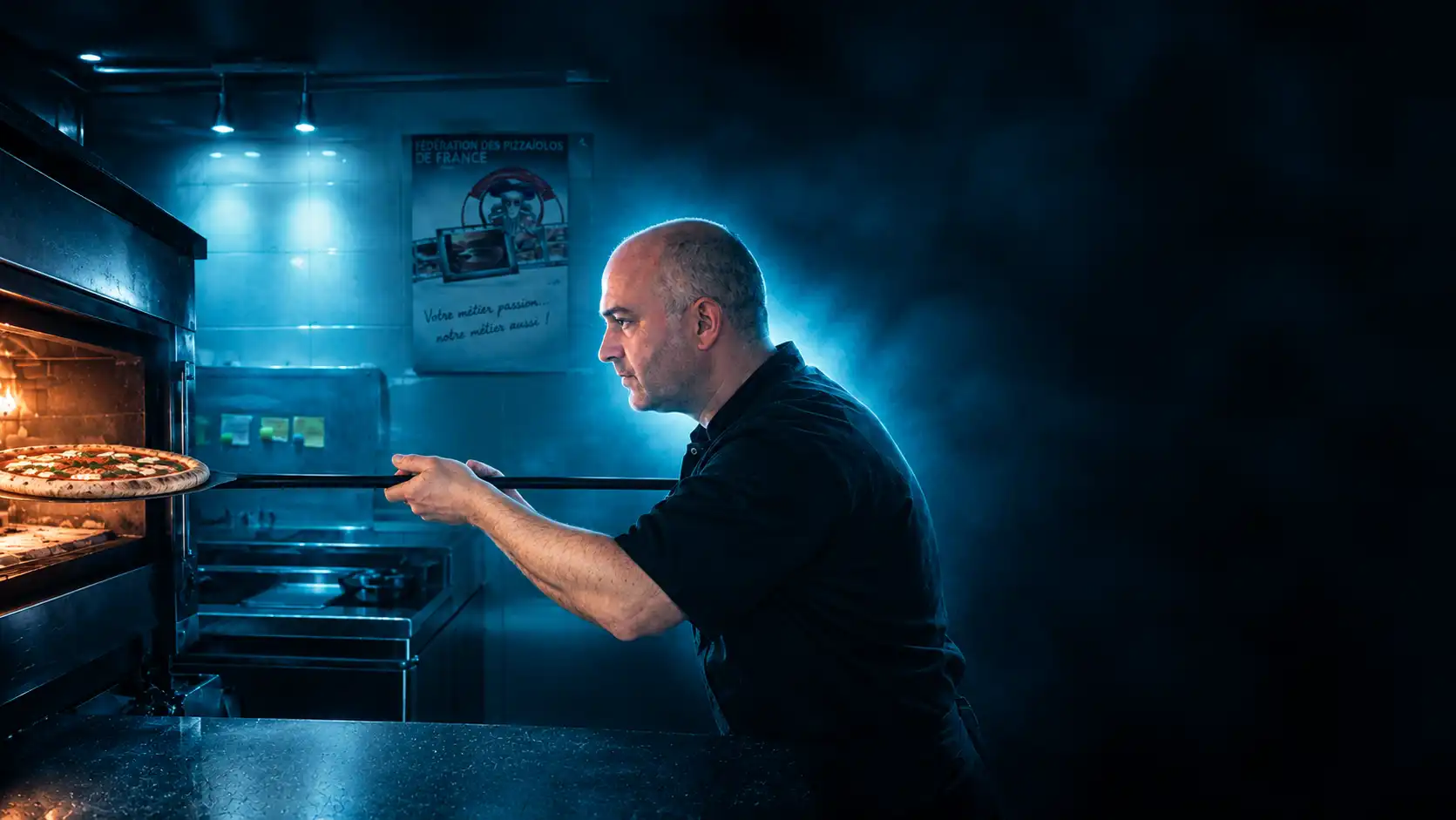 le pizzaiolo Anthony dans sont food truck La Toré Pizza sur un fond noir et effet bleu nuit enfourne avec sa pelle à pizza une pizza dans le four.