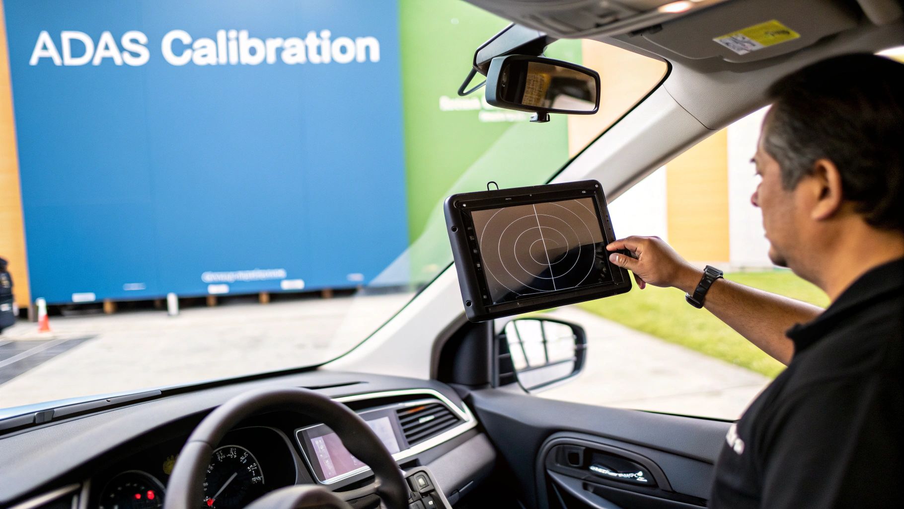 Technician using a specialized tool to perform ADAS calibration on a car's windshield.