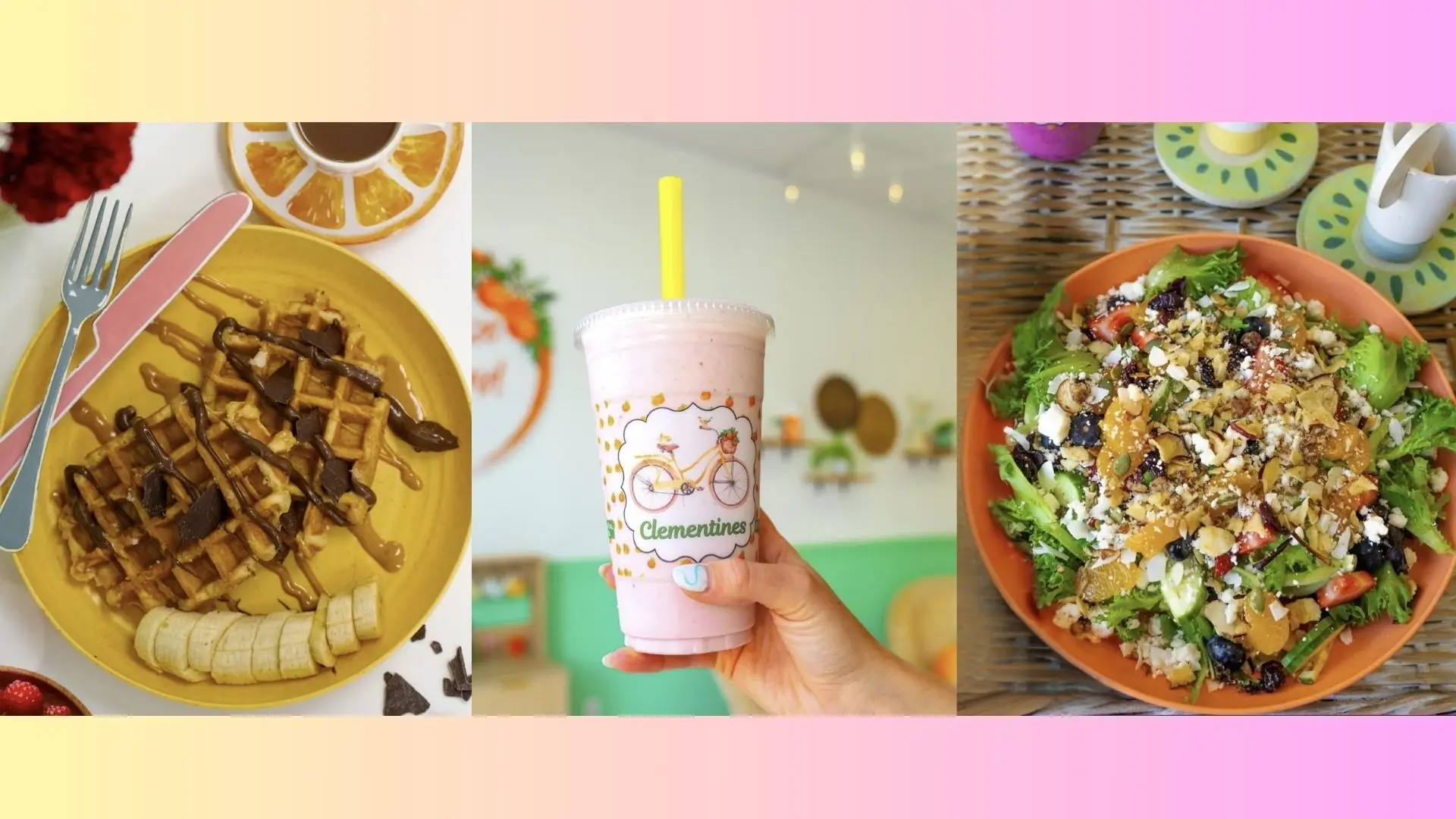 A vibrant collage featuring a plate of chocolate-drizzled waffles with banana slices, a hand holding a pink smoothie in a 'Clementine's' cup, and a colorful salad with various toppings, set against a cheerful background, capturing the culinary delights in Bradenton, FL.