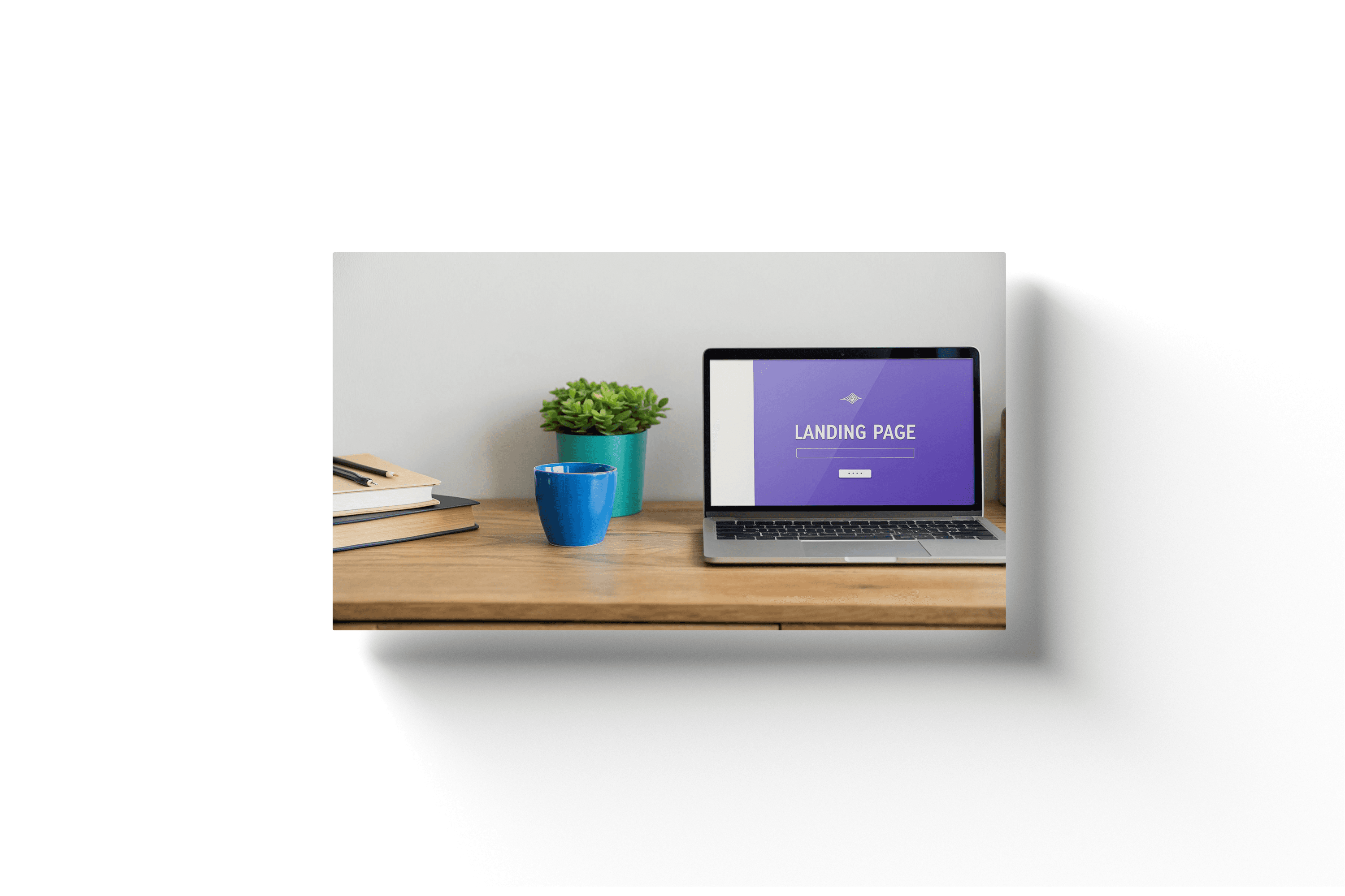 a laptop on a wooden desk with a purple screen showing the text 'landing page'
