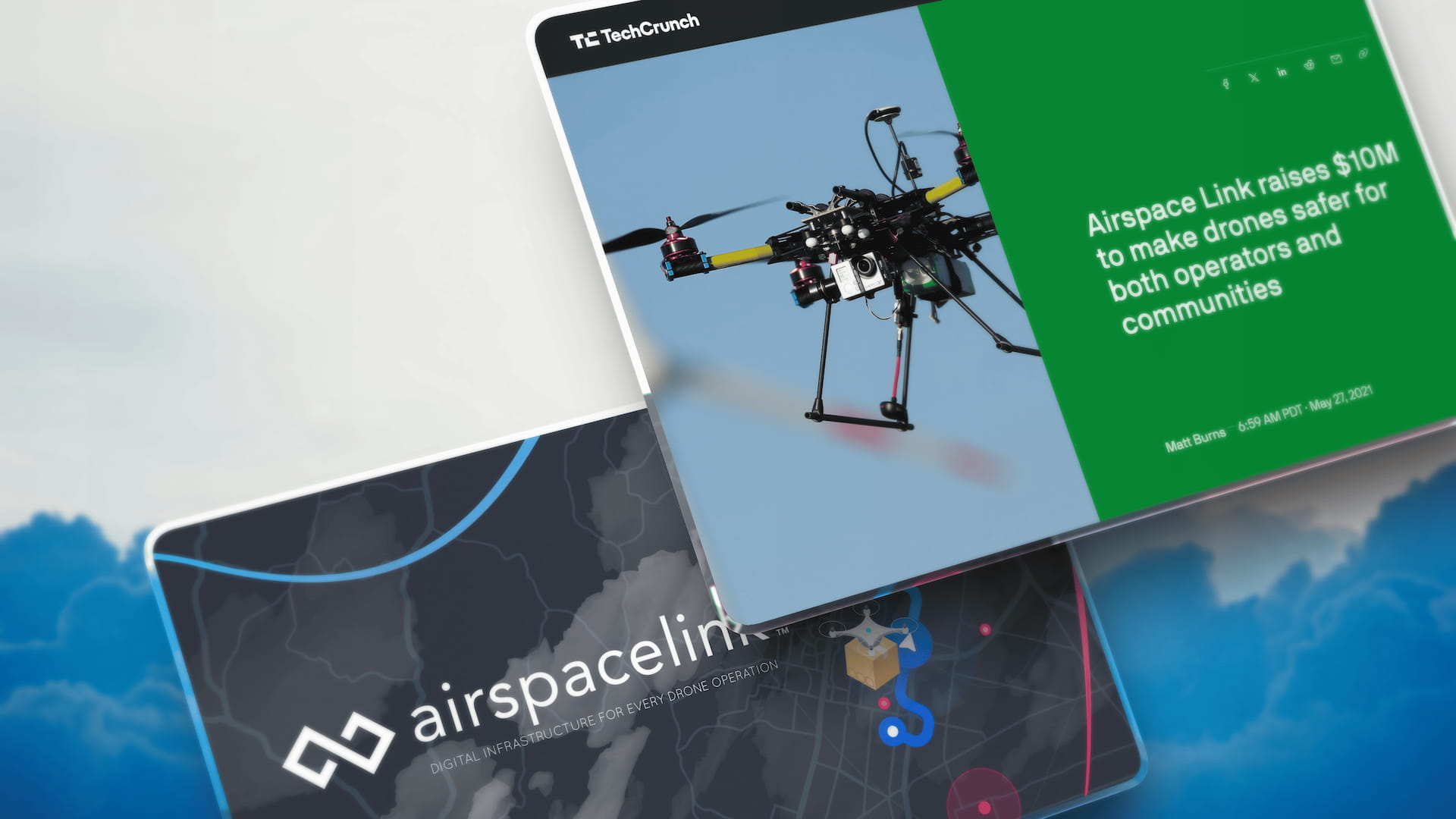 Collage showing TechCrunch article headline "Airspace Link raises $10M to make drones safer for both operators and communities" with professional drone photo alongside Airspace Link pitch deck cover featuring flight path visualization and package delivery drone illustration on dark map background