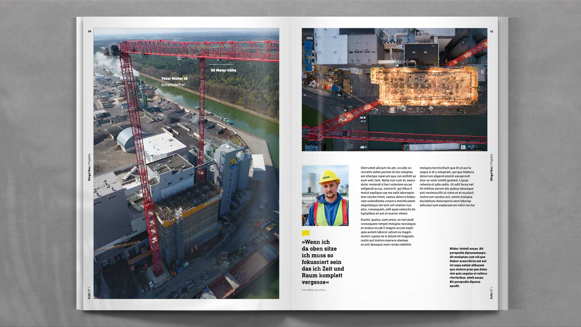 Doppelseite mit Projektbericht aus dem Bereich Ingenieurbau – übersichtlich strukturiert, mit Bild-Text-Komposition und pointierter Farbführung.