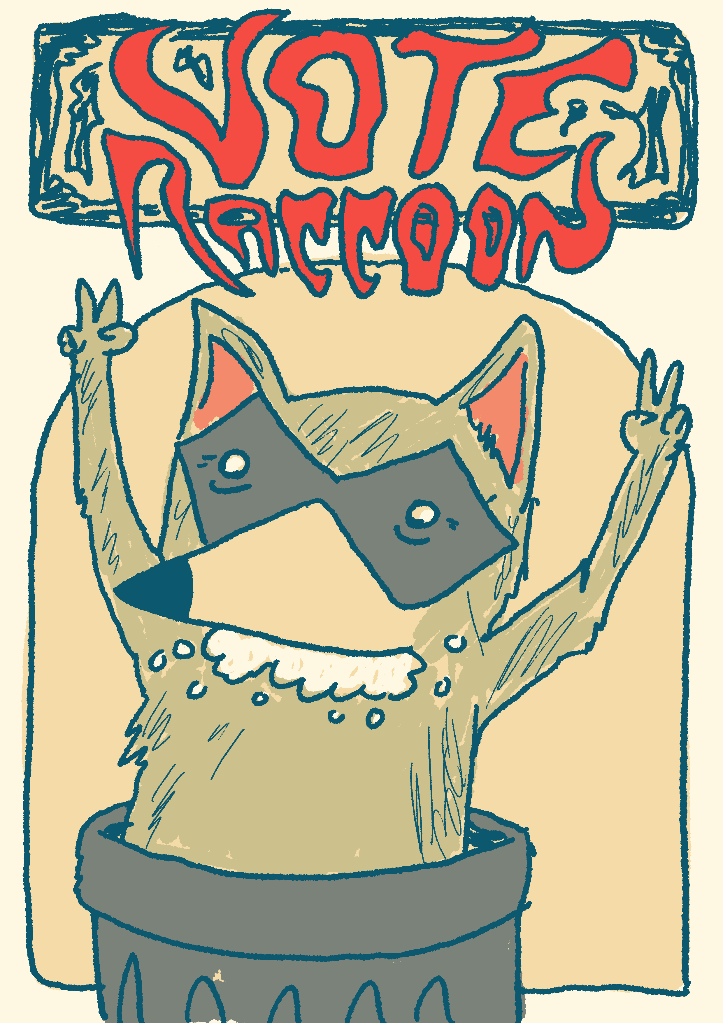 A rabid raccoon popping out of a trash can doing the Richard Nixon peace fingers thing