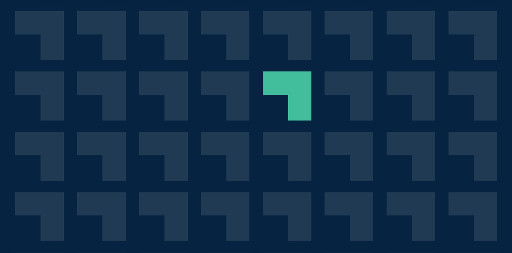 A grid of tonal navy corner-mark shapes on dark navy, with a single mint corner mark highlighted in the second row.