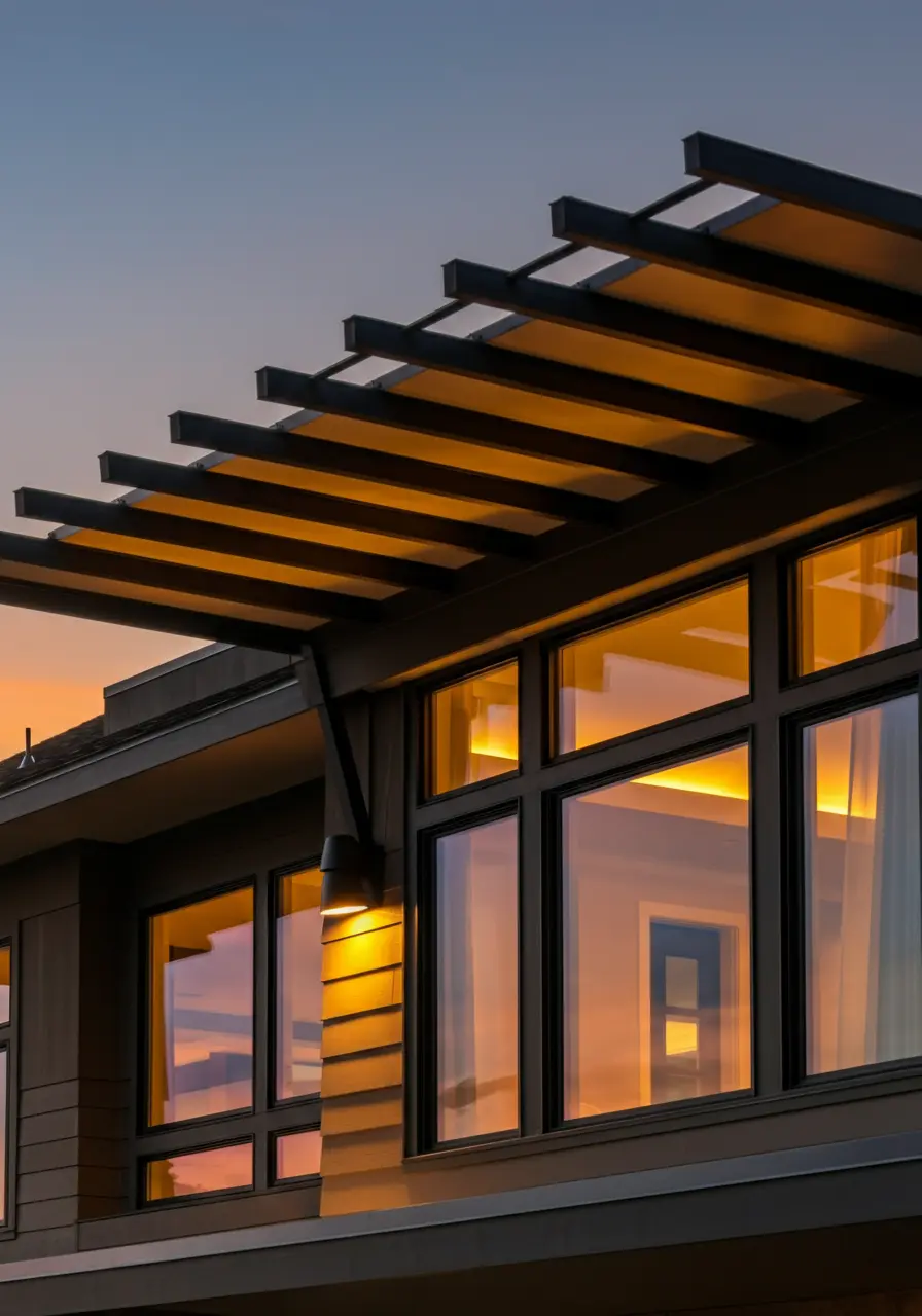 Concept design of a modern home exterior featuring large windows, warm interior lighting, and a sleek pergola roof, set against a sunset sky in Alberta.