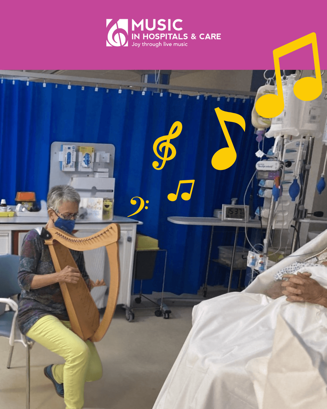Graphic with a lady playing the harp in a hospital setting with illustrated musical notes coming from the harp.