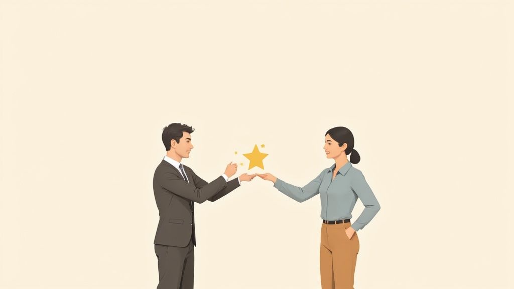 Two business professionals exchanging a golden star representing employee recognition and appreciation