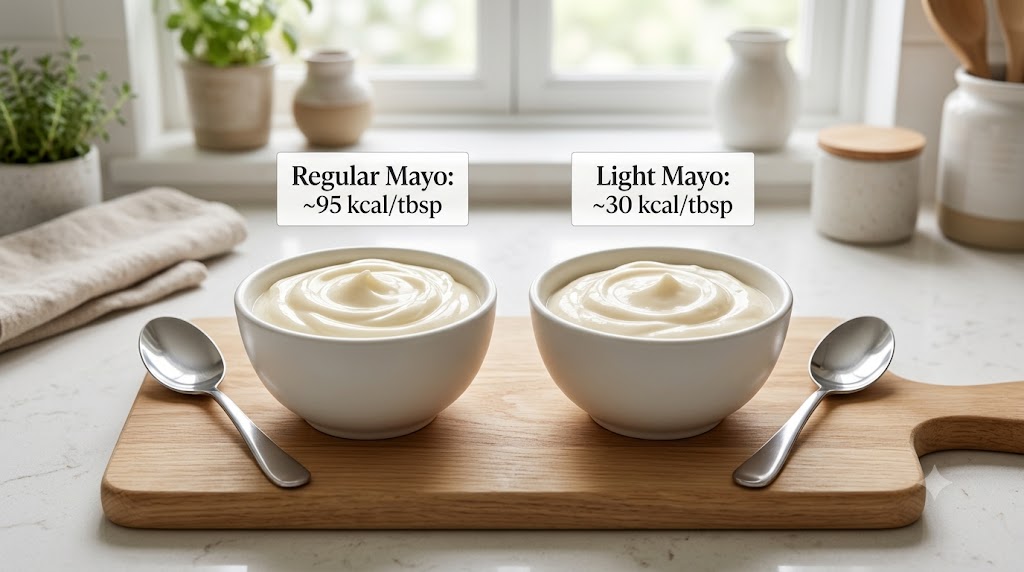 A side-by-side comparison of two white bowls containing regular mayonnaise (95 kcal/tbsp) and light mayonnaise (30 kcal/tbsp) on a wooden cutting board in a brightly lit kitchen setting with text overlays showing the calorie content per tablespoon.