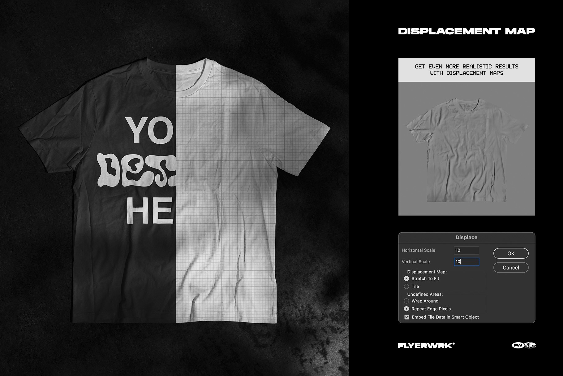 Technical view showing the displacement map feature used to wrap artwork around realistic t-shirt wrinkles