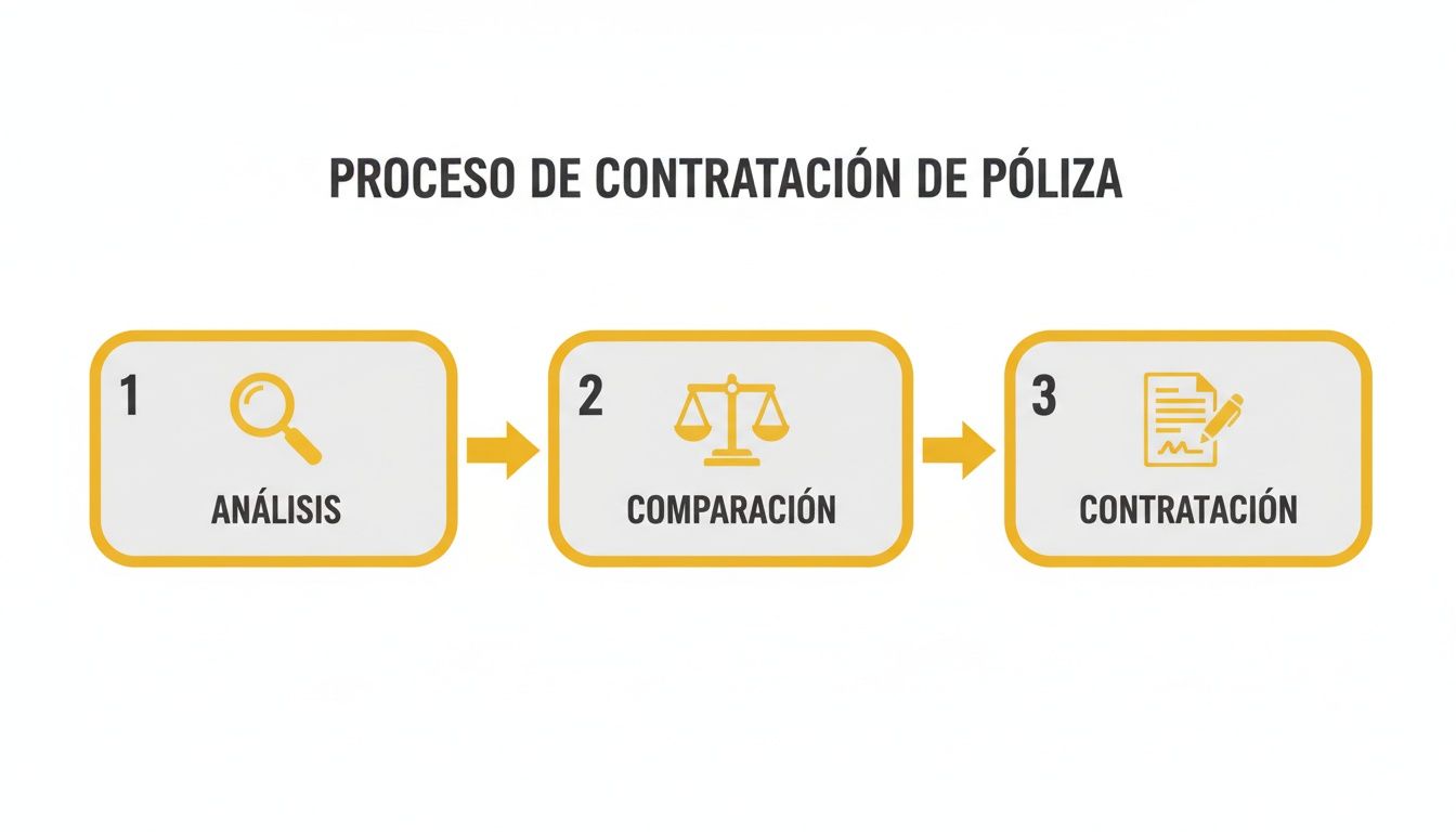 Proceso de contratación de póliza: Análisis, Comparación y Contratación con iconos descriptivos de cada paso.