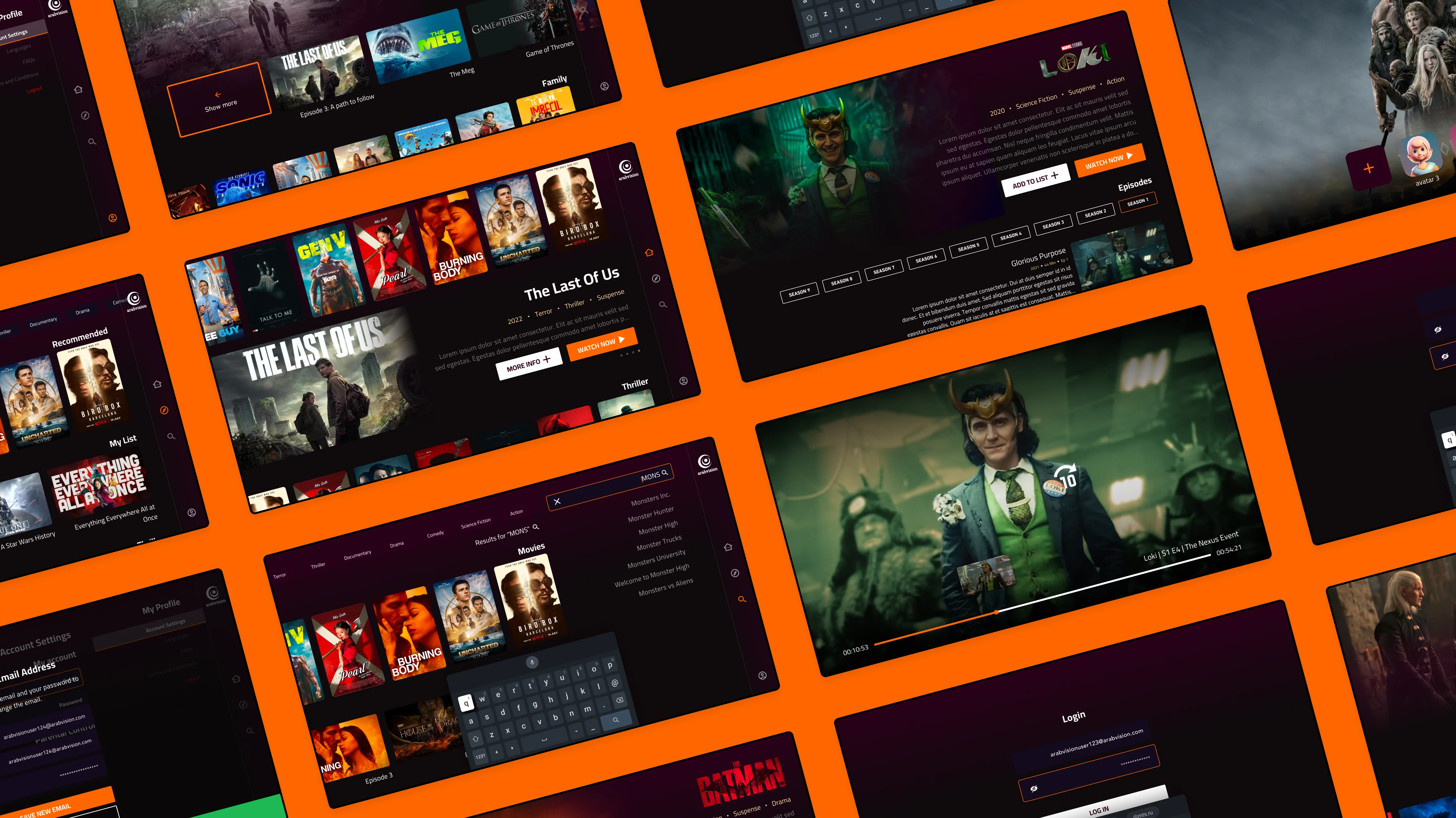 A set of movie app mockups showcasing various screens and features.