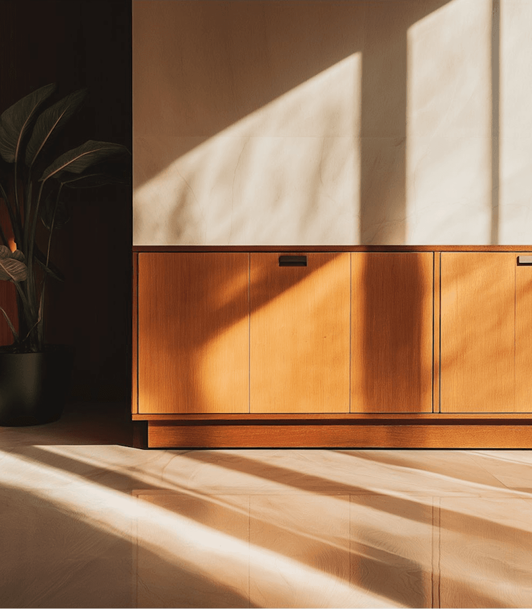Close-up of illuminated wooden architectural detail with warm sunlight creating angular shadow patterns on orange-toned surface