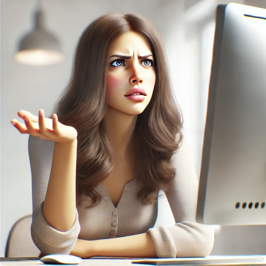 A confused woman sitting at a desk, looking at a computer screen with a puzzled expression, surrounded by a minimalist, modern workspace.