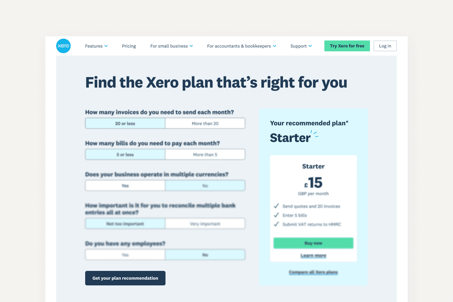 Plan recommendation interface showing questions and a suggested subscription plan.