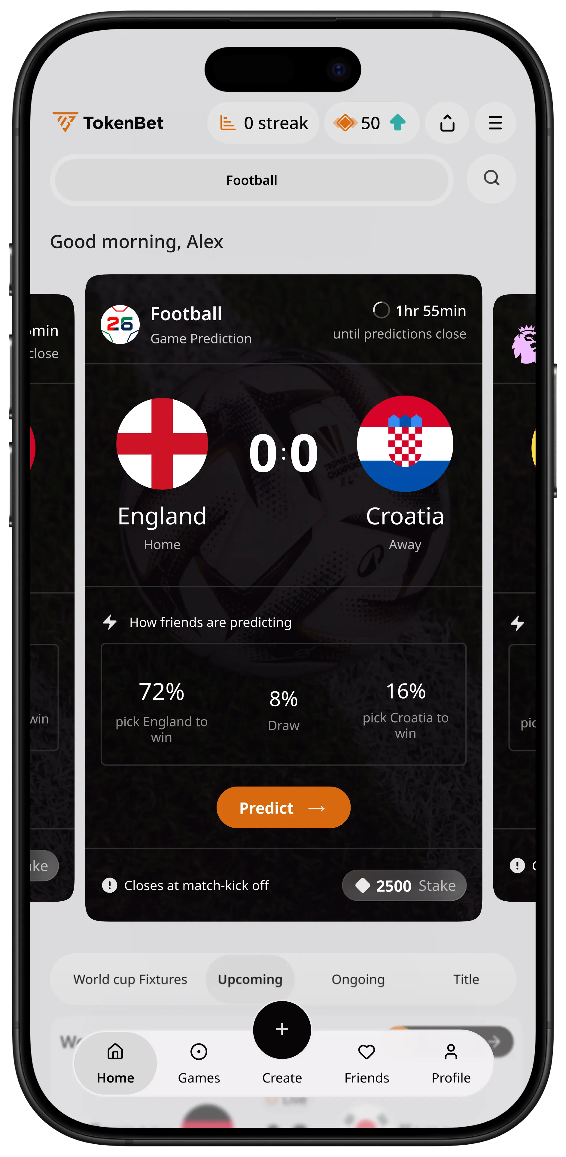 TokenBet app showing match prediction screen for England vs Croatia