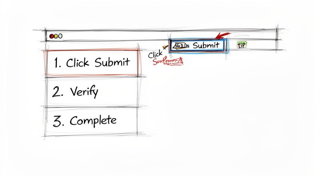 Hand-drawn sketch showing a browser window with steps to 'Click Submit', 'Verify', and 'Complete' a process.