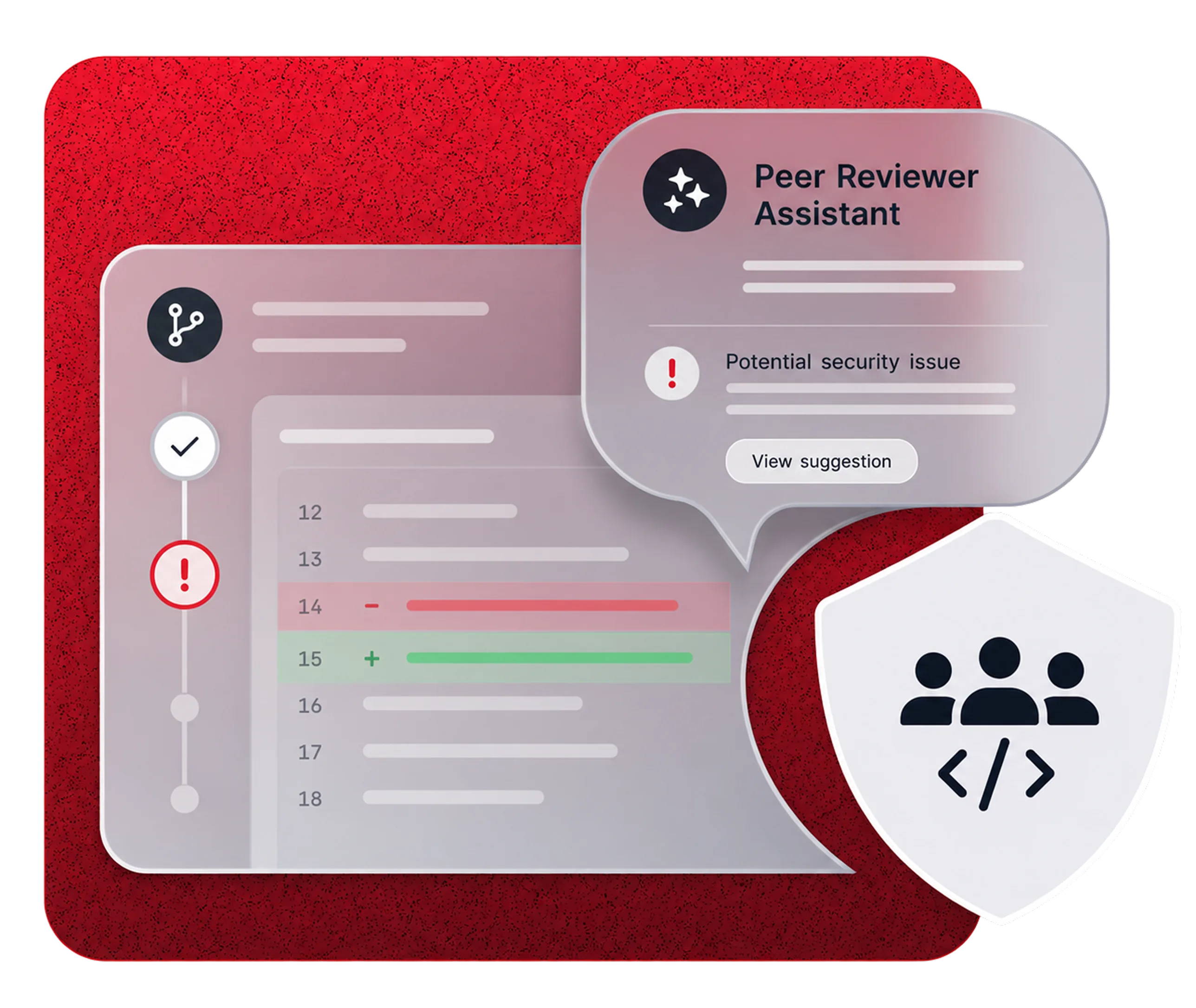 Peer Reviewer Assistant illustration: AI code review flags a potential security issue in a pull request diff.