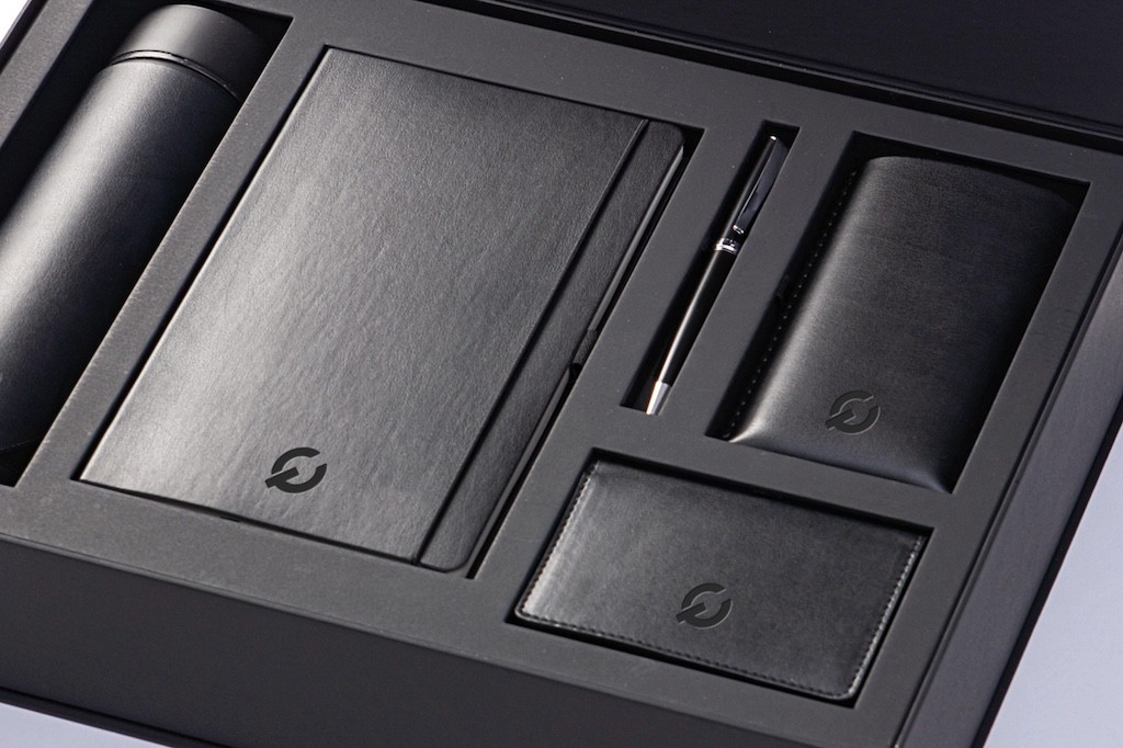 Premium corporate gift set with journal, power bank, and water bottle