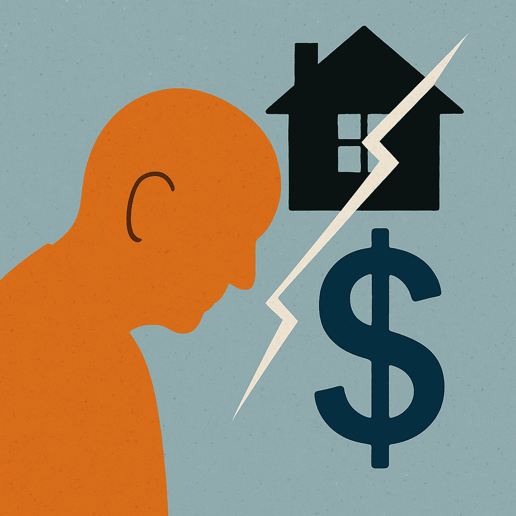 Illustration of an elderly person silhouette with a house icon and dollar sign split by a lightning bolt, symbolising financial fragility in retirement