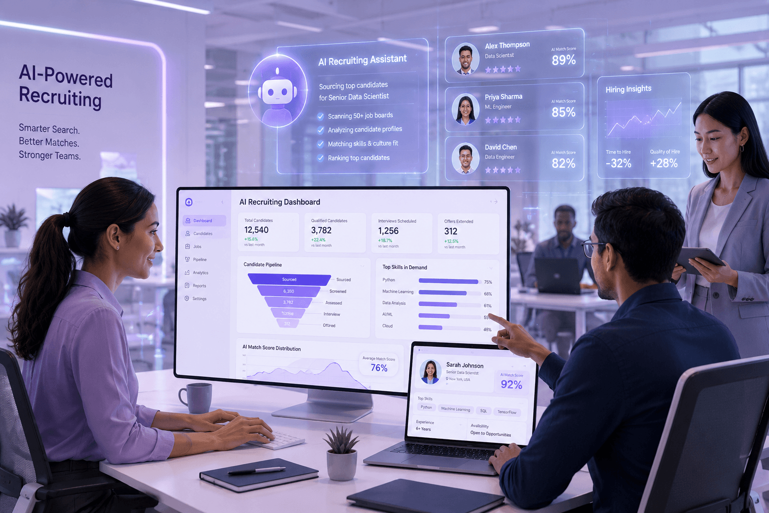 Abstract visualization of AI agents collaborating with human recruiters in a modern office setting