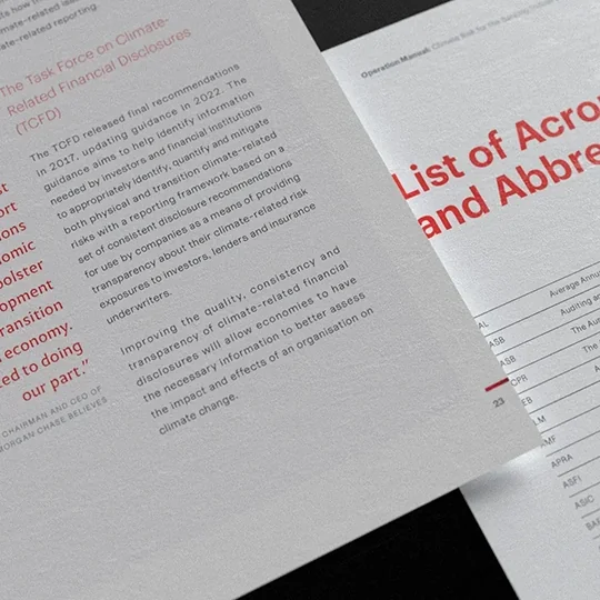 Zoom sur une mise en page de document technique (white paper) pour Climate X