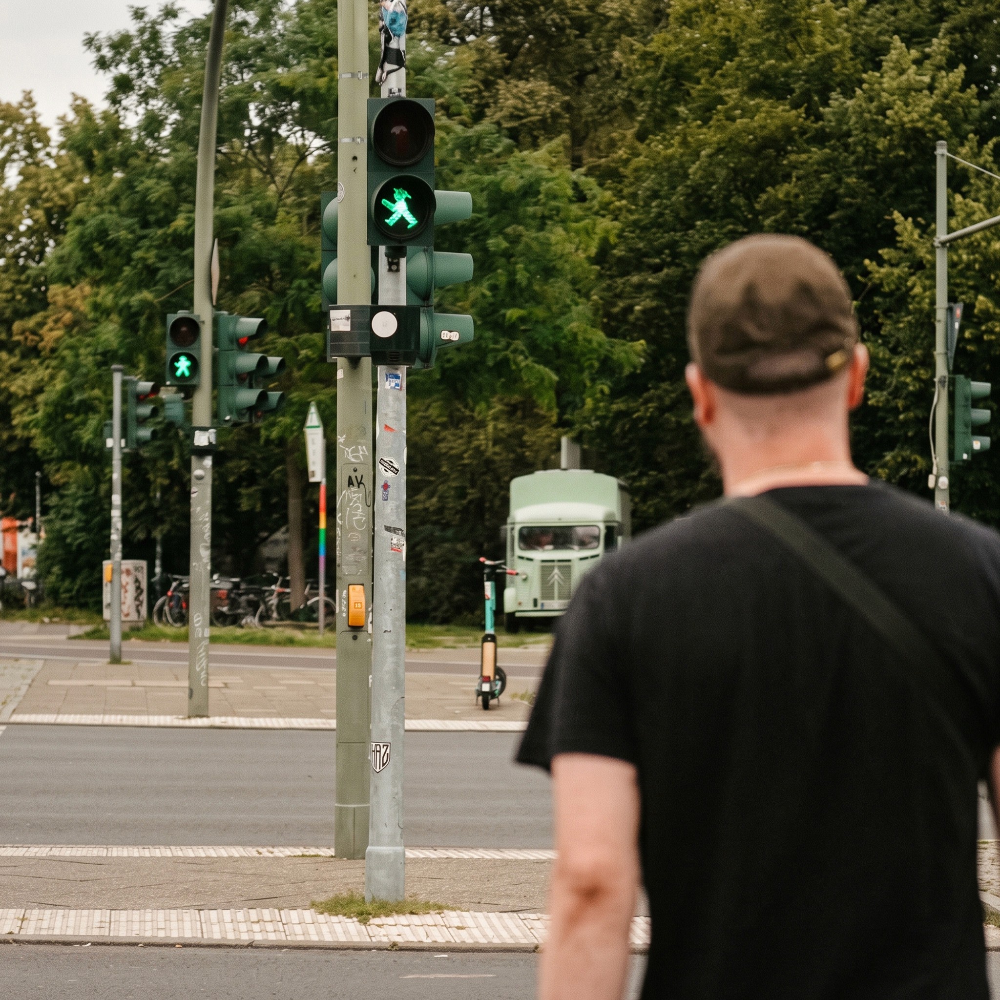 Berlin sokaklarında yeşillikler arasında arkası dönük yürüyen şapkalı Paul.