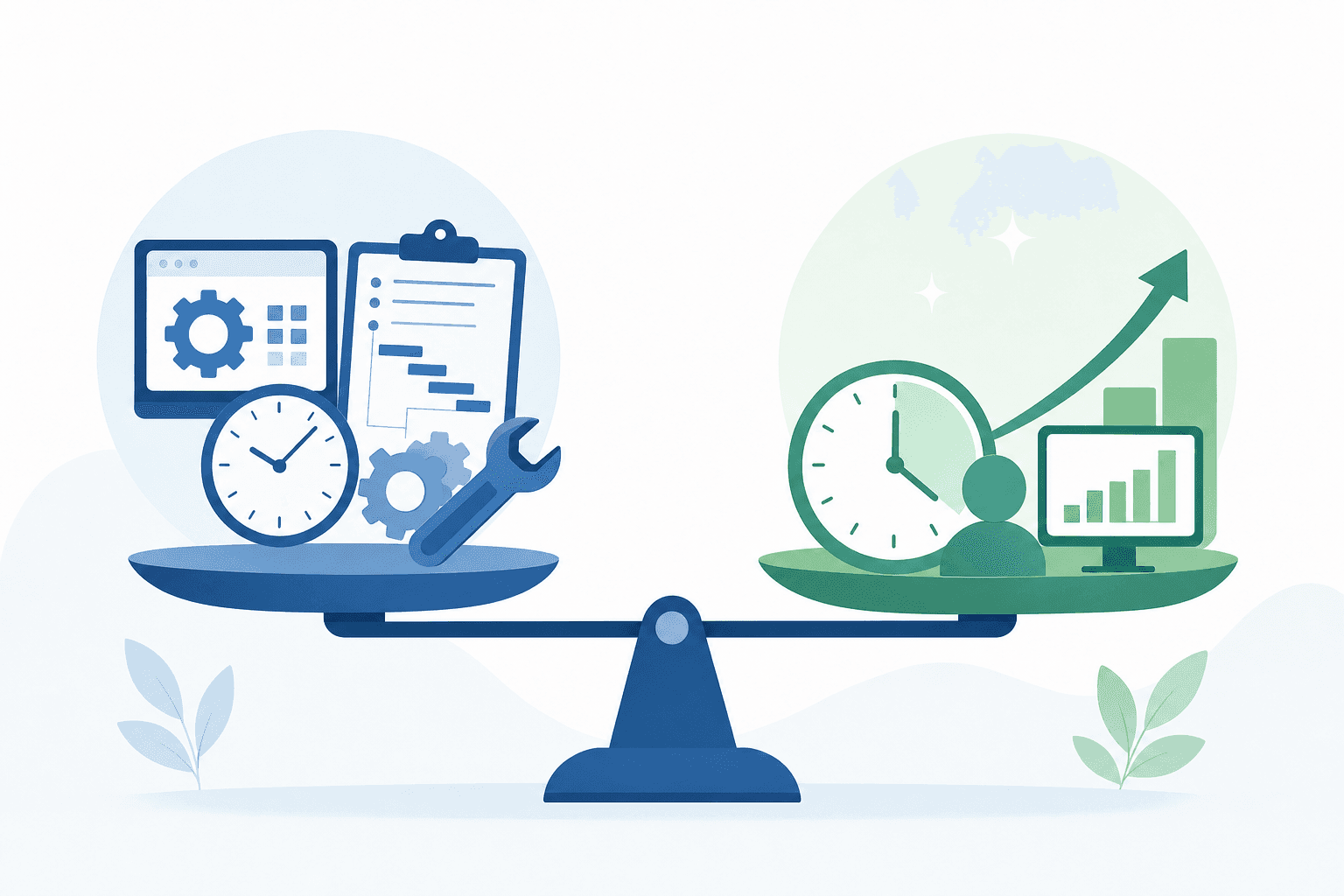 A clean, modern business illustration showing a balanced scale or equation concept representing ROI calculation. On one side, visual elements representing costs: software licenses, implementation time, maintenance. On the other side, elements representing value and savings: recovered time, reduced workload, efficiency gains. Use a professional color palette with blues and greens, minimal style, no text or labels, conceptual representation of cost-benefit analysis for automation