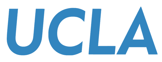 Blue "UCLA" logo with bold lettering in a modern sans-serif font, set against a transparent background.