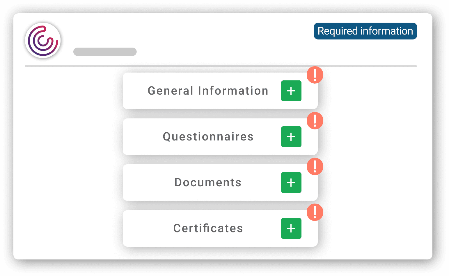 Ein Screenshot einer Online-Formularschnittstelle zeigt Abschnitte für Allgemeine Informationen, Fragebögen, Dokumente und Zertifikate, jeweils mit einem Ausrufezeichen versehen, das erforderliche Informationen oder erforderliche Maßnahmen anzeigt.