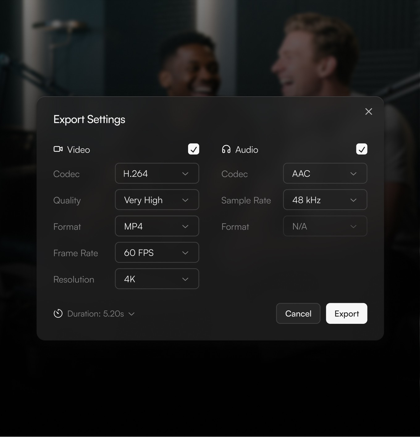 Export settings panel in Diffusion Studio with 4K 60 fps video and audio options, demonstrating resize and export for different platforms.