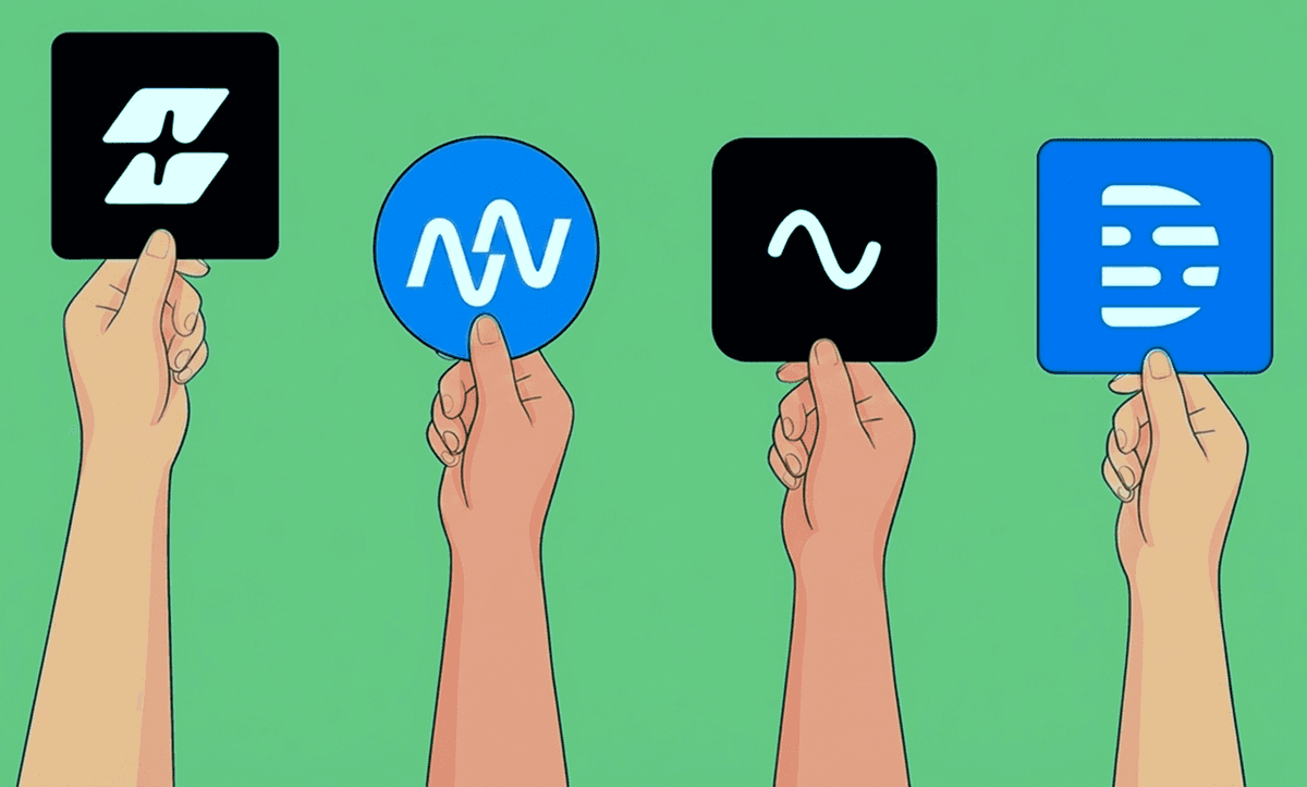 Four hands holding cards with logos of different AI podcast editors including Selects, Descript, and Autopod.