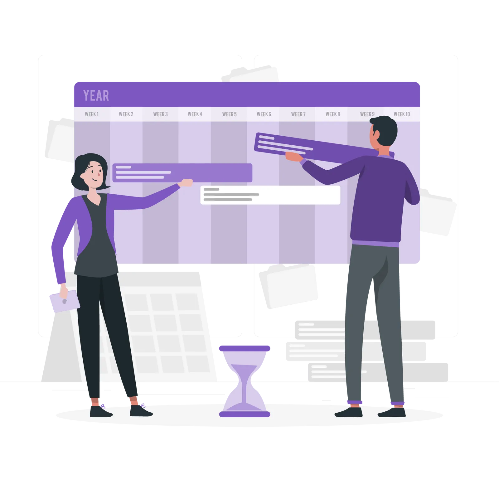 Two people updating a project timeline on a large calendar.