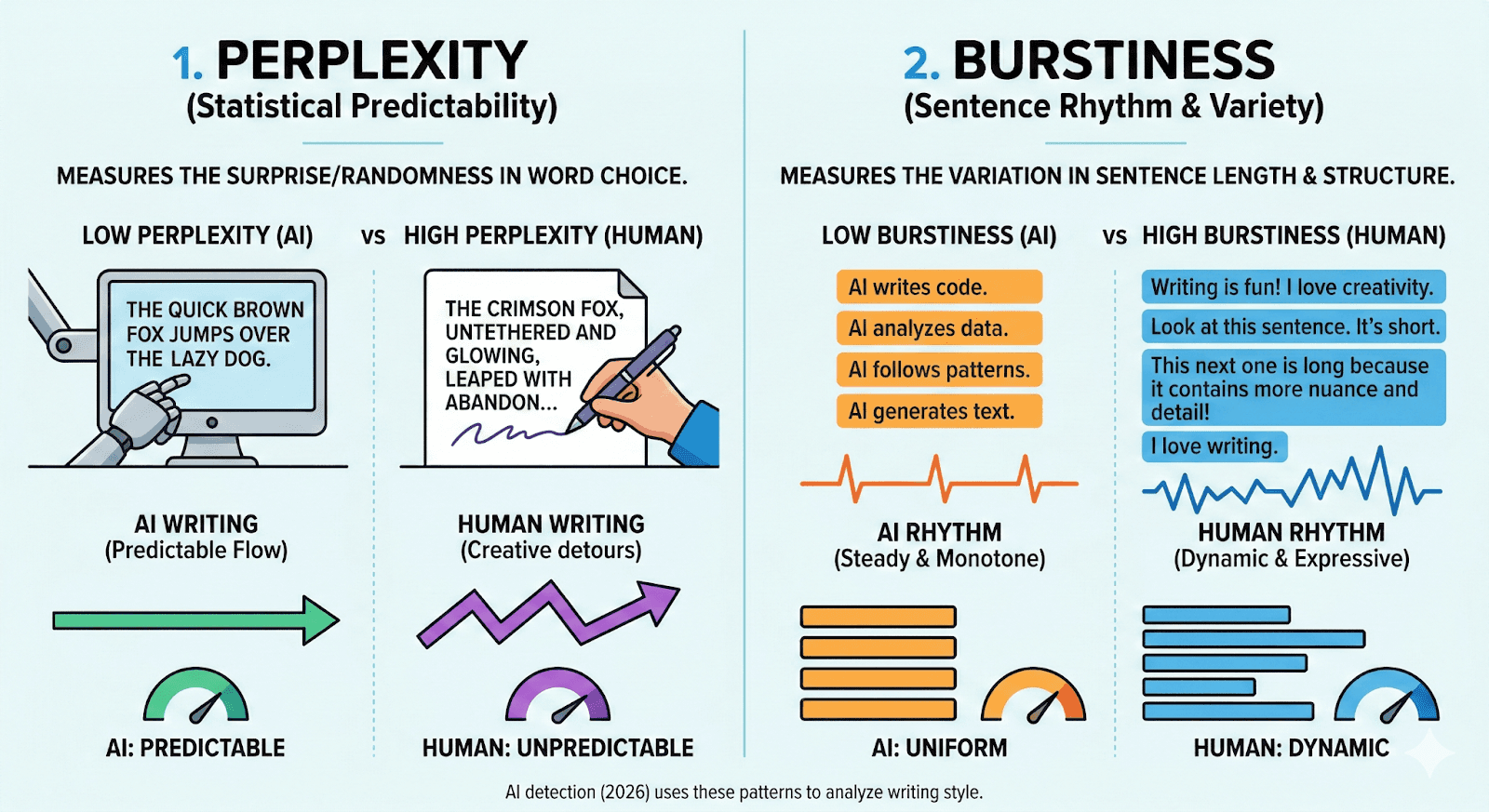 A simple infographic for 2026 academic integrity comparing AI and human writing styles through perplexity (statistical predictability) and burstiness (sentence rhythm and variety).
