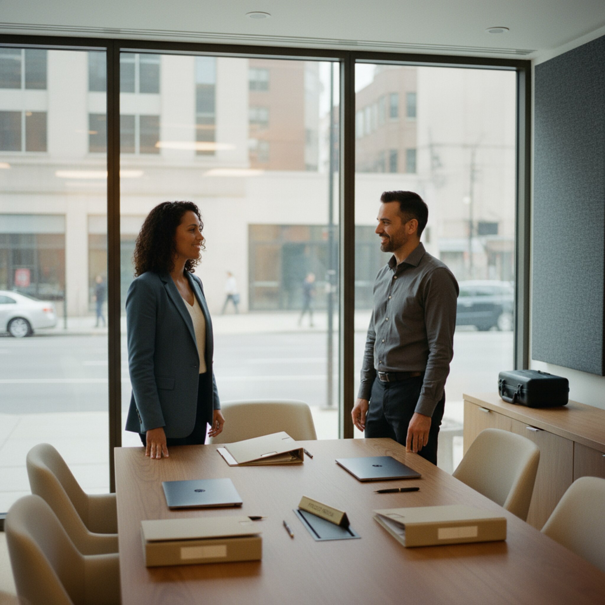 Ein Konferenzraum mit gläserner Wand, auf dem Tisch liegen beschriftete Mappen und ein Namensschild eines Projekts. Zwei Personen reichen sich die Hand zu einer Freigabe. Der Raum wirkt geordnet, professionell und auf Zusammenarbeit ausgelegt.