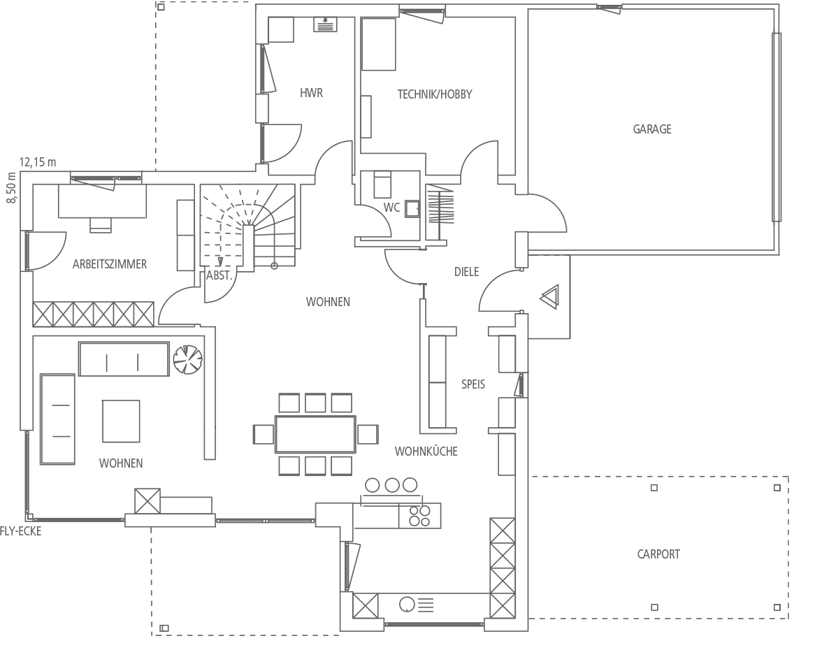 Grundriss eines Einfamilienhauses mit Garage und Carport, der Wohn-, Ess- und Kochbereiche, ein Arbeitszimmer sowie technische Räume zeigt.
