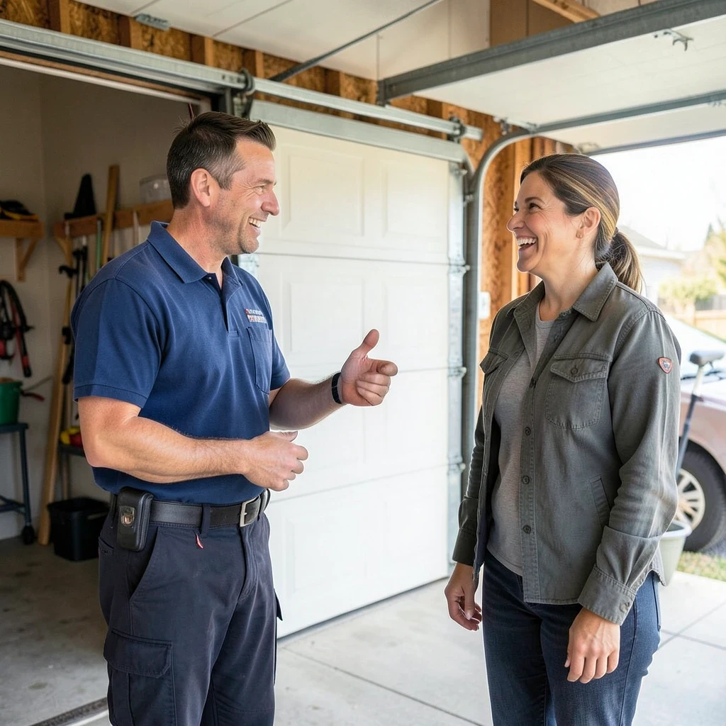 Garage Door Repair Tech taling with customer