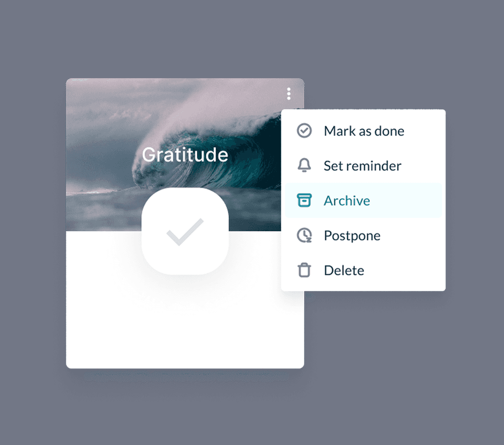 Habit card titled "Gratitude" with options menu showing mark as done, set reminder, archive, postpone, and delete.